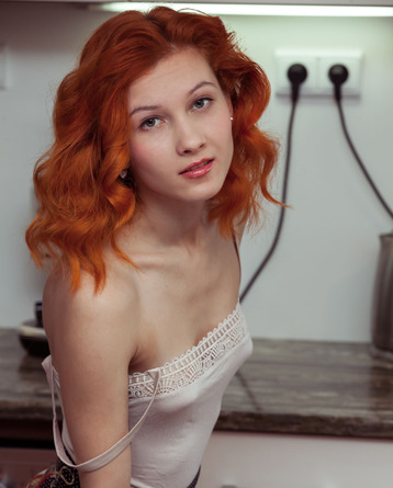 Beautiful Redhead Babe Ambre Spreading Her Pussy In The Kitchen